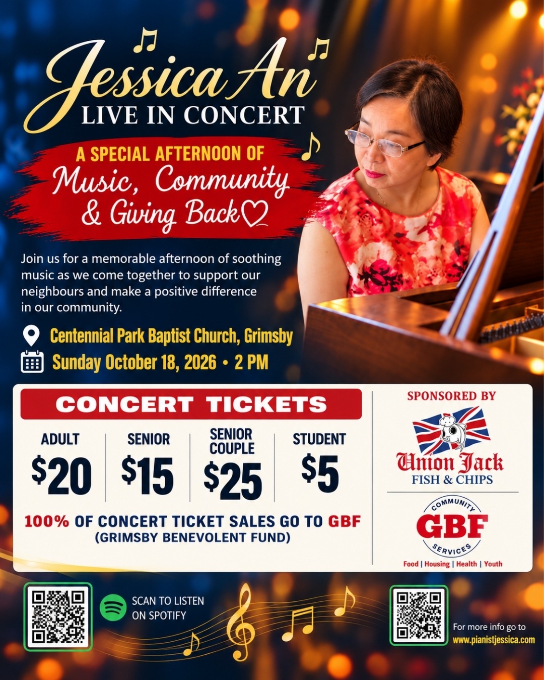 Jessica An Live in Concert. Sunday, October 18, 2026 at 2 PM, Centennial Park Baptist Church, Grimsby. Tickets: Adult $20, Senior $15, Senior Couple $25, Student $5. 100% of concert ticket sales go to the Grimsby Benevolent Fund.